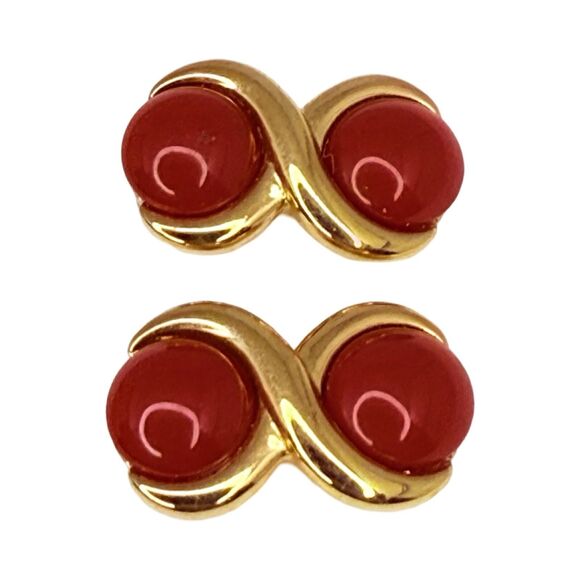 Vintage Napier Signed Cherry Red Earrings 3/4" Gold Tone Pierced Enamel - Picture 5 of 10
